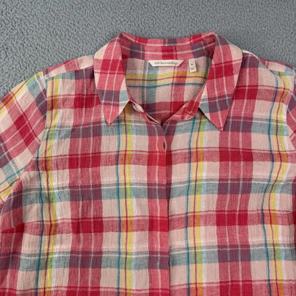 Soft Surroundings Red Pink Canopy Plaid 100% Linen Tunic Shirt Women's Size XL - Picture 8 of 12
